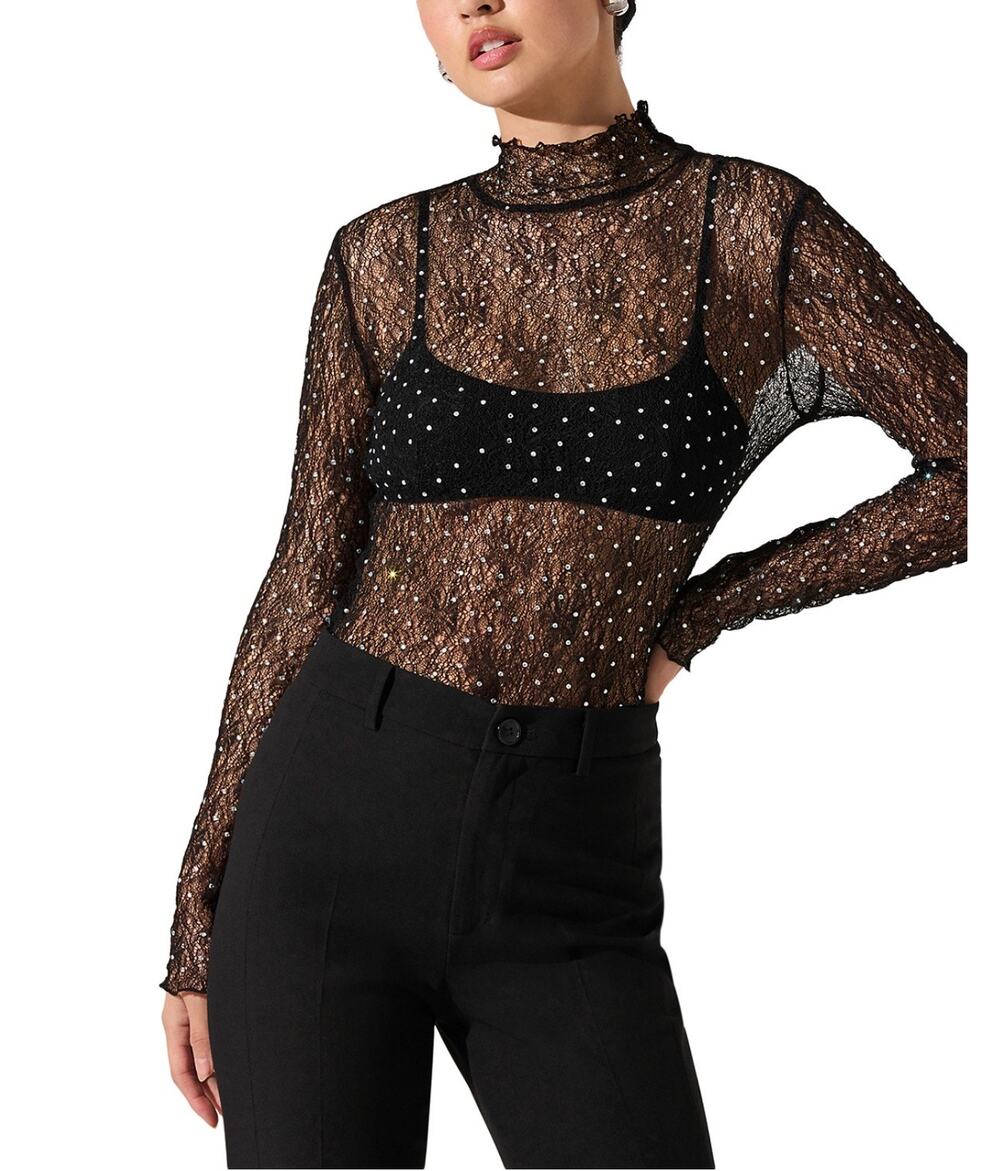 New Astr The Label Kyra Rhinestone Lace Top in Black Women's Size M